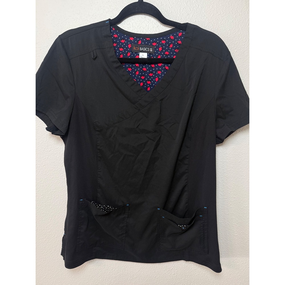 Koi Basics Becca Black Mock Wrap V-Neck Scrub Top Ribbed Side Panels Womens L